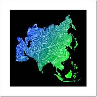 Colorful mandala art map of Asia with text in blue and green Posters and Art